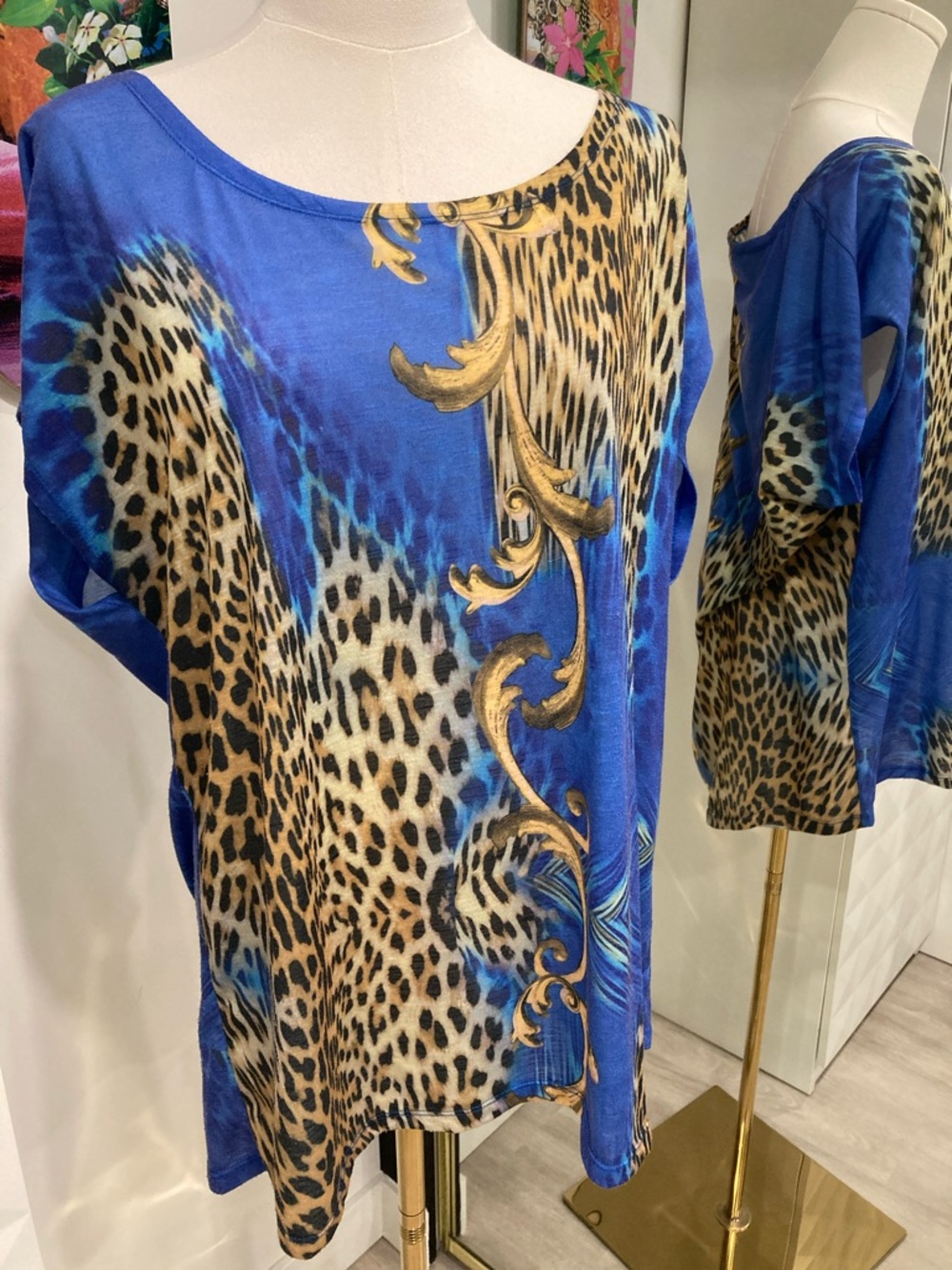 Versace style Blue Leopard-Print Tunic with Gold Scroll Detail